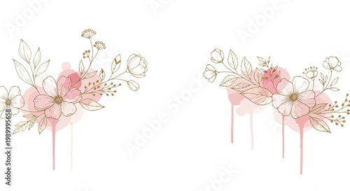 Elegant floral designs with pink and white flowers and gold accents on a white background for wedding or event decoration inspiration
