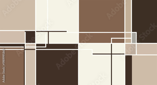 Brown and beige abstract geometric pattern with intersecting lines and rectangles in neutral tones