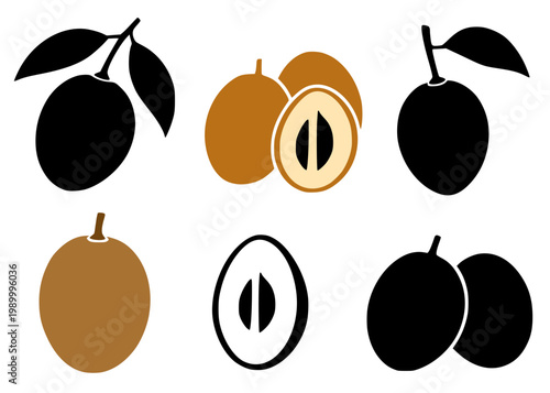 Sapodilla set icon illustration, in silhouette style, for fruit or food design, isolated on transparent background