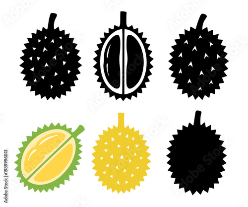 Durian set icon illustration, in silhouette style, for fruit or food design, isolated on transparent background