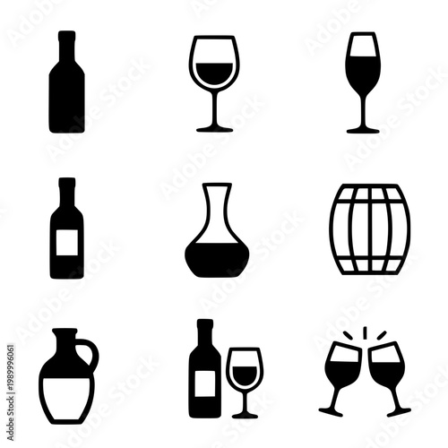 Wine set icon illustration, in silhouette style, for drink design, isolated on transparent background