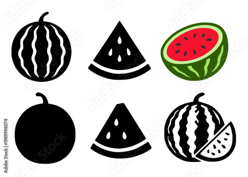 Watermelon set icon illustration, in silhouette style, for fruit or food design, isolated on transparent background