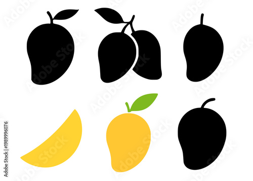 Mango set icon illustration, in silhouette style, for fruit or food design, isolated on transparent background