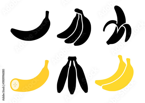 Banana set icon illustration, in silhouette style, for fruit or food design, isolated on transparent background