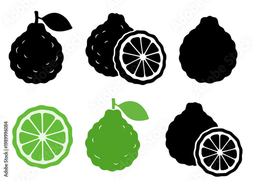 Kaffir lime set icon illustration, in silhouette style, for fruit or food design, isolated on transparent background