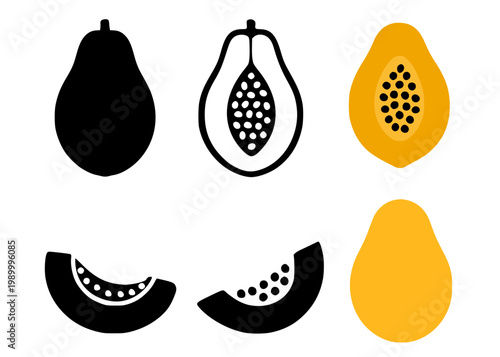 Papaya set icon illustration, in silhouette style, for fruit or food design, isolated on transparent background