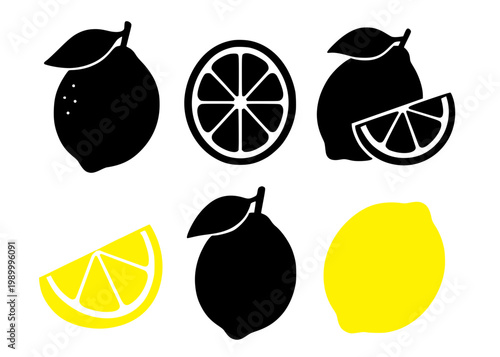 Lemon set icon illustration, in silhouette style, for fruit or food design, isolated on transparent background