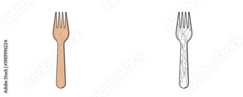 Eco-friendly wooden fork in cartoon and linear styles with light brown wood texture used for ecological catering and picnics isolated on white background