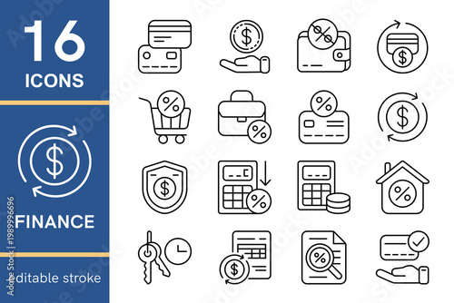 Set of vector finance outline icons in minimalist line art style. Banking, loan, investment, debt management. Icon with editable stroke for web design, mobile apps, presentations, infographics
