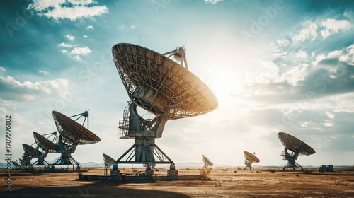 Array of Satellite Ground Station Dishes Aimed Towards the Sunlit Sky, Capturing Signals in a Remote Landscape