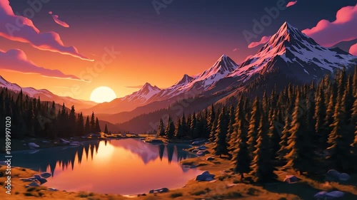 Serene Mountain Landscape at Sunset with Pine Trees and Calm Lake