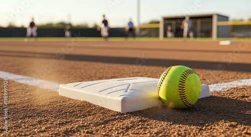 Softball on Base, Players in Background, Outdoor Game Field