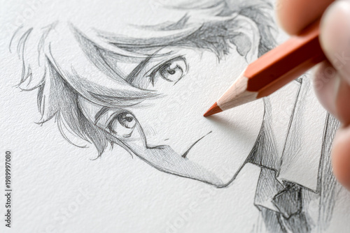 Artist sketching a detailed manga-style portrait of a young male character with expressive eyes and tousled hair using a colored pencil on textured paper