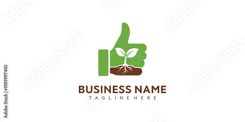 A green thumb with a plant grows from brown soil next to a business logo.