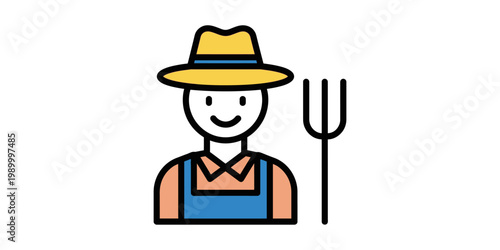 A smiling farmer wearing a hat and apron holds a pitchfork outdoors.