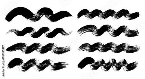 Set of eight black wavy brush strokes, hand-painted with thick paint, creating a textured and artistic effect.