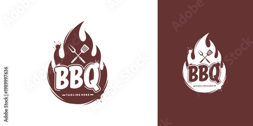 BBQ logo on fire with utensils and flames on white and brown backgrounds