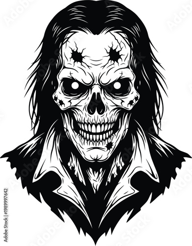 Black and white of a zombie with long hair and a toothy grin skeleton skull
