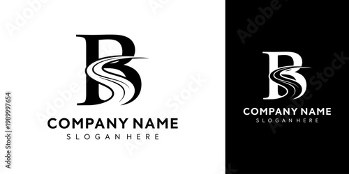 Two logos with a large letter B and company information on white and black backgrounds