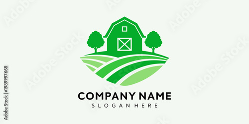 A green logo of a barn with rolling hills and trees represents a company name and slogan.