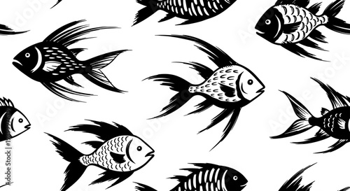 Stylized Black and White Fish Pattern with Intricate Details.