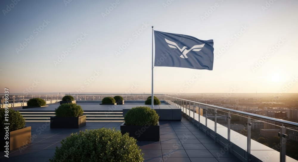 Fototapeta premium A flag with a white emblem flies on a rooftop overlooking the city at sunset.