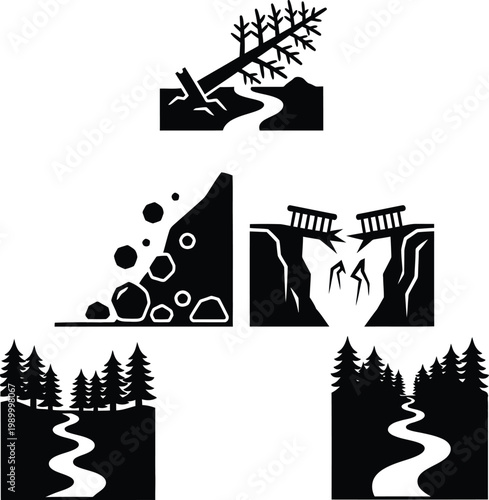 Black and white of natural disasters and landscapes environmental hazards landslides