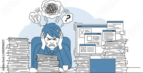 Man Overwhelmed by Paperwork and Documents.