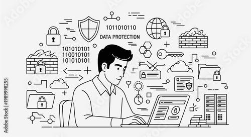 Man working on laptop with data protection icons.
