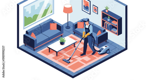 A detailed isometric illustration of a person vacuuming a modern living room with sofas, a coffee table, and a bookshelf.