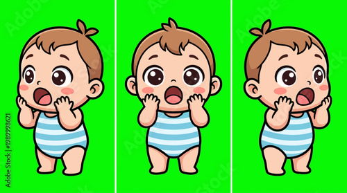 Adorable Cartoon Babies with Surprised Expressions in a Row.