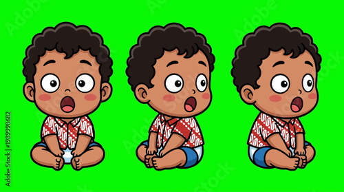 Adorable Cartoon Babies with Surprised Expressions, Sitting and Staring.