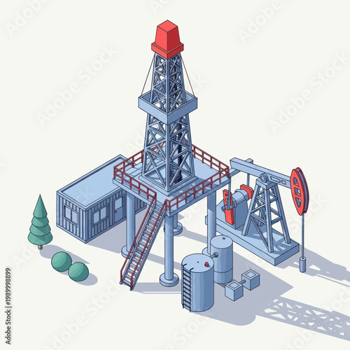 Isometric Oil Drilling Rig and Pump Jack Installation.