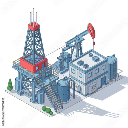 Isometric Oil Rig and Pumpjack with Industrial Buildings.