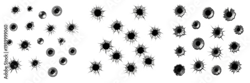Bullet Holes Set Isolated on White Background, Realistic Gunshot Crack and Damage Effects for Metal or Glass, Military and Crime Scene Graphic Design Elements, Weapon Fire Impact