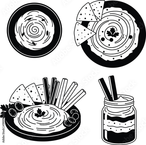 Black and white of plates and a jar with food hummus