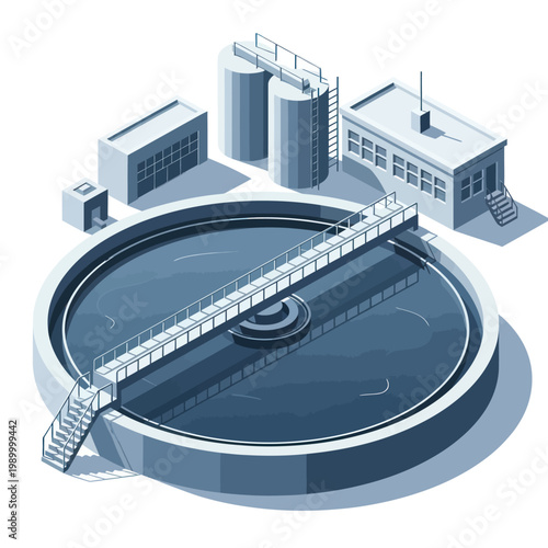 Wastewater Treatment Plant Clarifier Tank and Buildings.