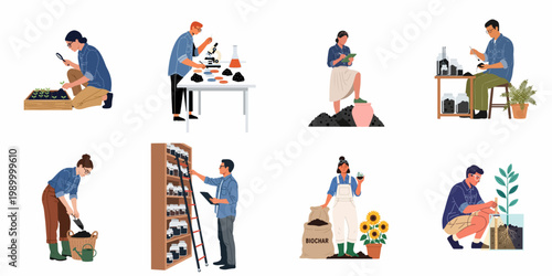 Scientists and researchers studying biochar for sustainable agriculture, soil improvement, and carbon sequestration in various laboratory and field settings.