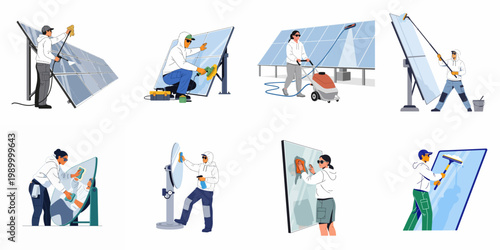 Set of professional workers cleaning and maintaining solar panels and energy mirrors, representing renewable energy maintenance services in a flat vector style.