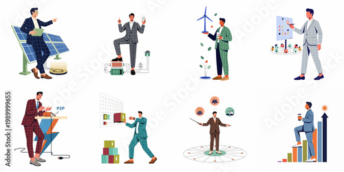 Collection of business illustrations focusing on renewable energy concepts, including solar panels, wind power, energy storage, and sustainable business growth.