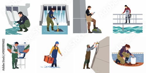 Vector illustrations of environmental scientists and engineers conducting water quality tests, maintenance, and monitoring near dams and river environments.
