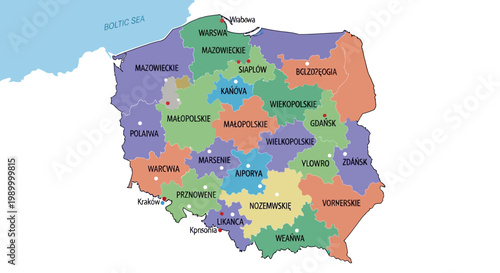 Poland administrative regions map.