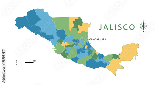 Map of Jalisco state in Mexico.
