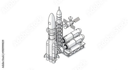 Isometric vector illustration showcasing an aerospace system with a detailed space satellite and rocket on a launch platform, rendered in a clean 3D style with a minimalist design