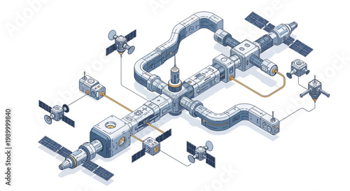 Isometric vector illustration showcases a complex aerospace system featuring interconnected 3D satellites and modules against a clean white background, rendered with a detailed, technical
