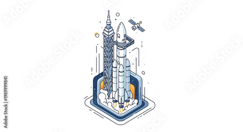 A detailed vector illustration displays an isometric aerospace system including a satellite and rocket, rendered in 3D with a clean, minimalist design on a white background