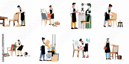 Collection of flat vector illustrations depicting various stages of furniture manufacturing, from initial design and CNC production to manual assembly and finishing.