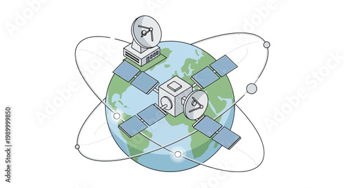 An isometric vector illustration presents a satellite orbiting the Earth, part of an aerospace system, with solar panels and communication dishes, rendered in a clean, minimalist style
