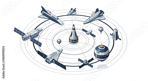 Isometric vector illustration shows an aerospace system with various satellites and spacecraft orbiting in a circular pattern, the 3D design emphasizing a conceptual exploration technology