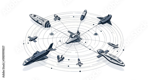 An isometric vector illustration displays a complex aerospace system in 3D, showcasing various spacecraft and satellites connected by lines against a clean white background